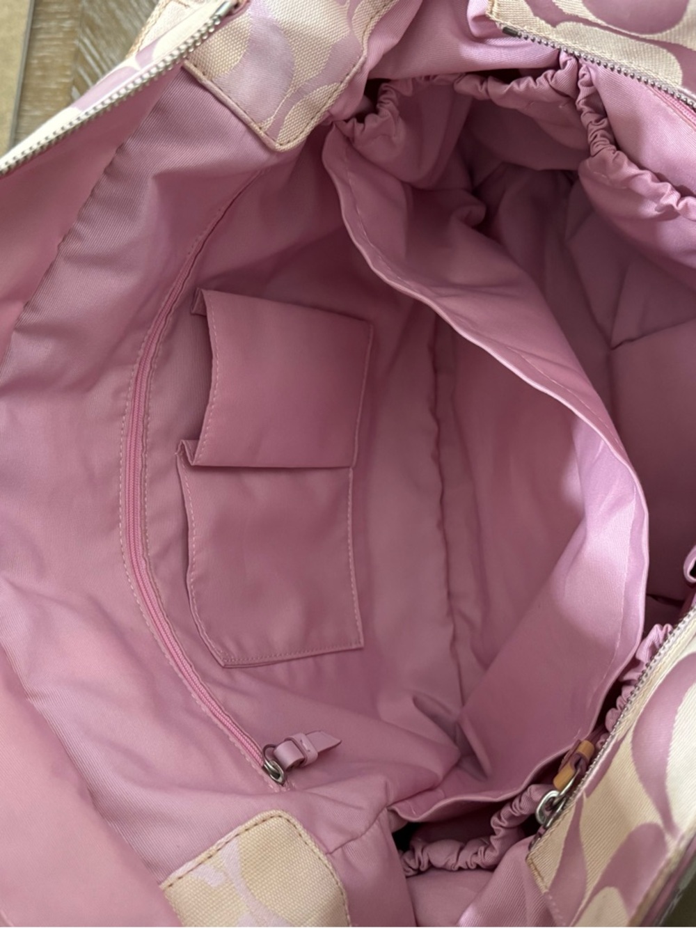 Coach Pink and Tan Signature Canvas Tote/ Diaper bag with Charm - Picture 16 of 17